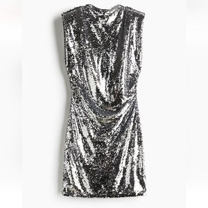 H&M Sequin Silver Shoulder-pad Dress Sz S